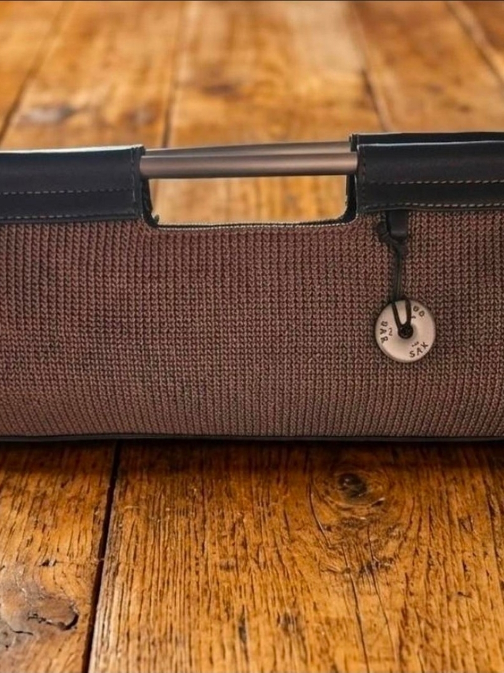 The Sak Vintage Two-Tone Knit Clutch Purse Bag with Metal Bar Handle